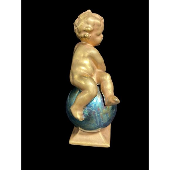 Art Deco 1940 Porcelain Gold Gild Cherub on Opalescent Globe Orb Japan Fine Art - Picture 3 of 9
